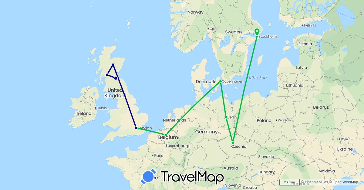 TravelMap itinerary: driving, bus in Belgium, Czech Republic, Germany, Denmark, United Kingdom, Sweden (Europe)